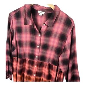 J Jill Tiered Tunic Top Womens XL Plaid Button Down Long Sleeve Pink Black Ombre